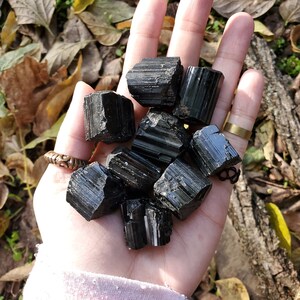 A palm full of black mineral stone rods with defined striations.