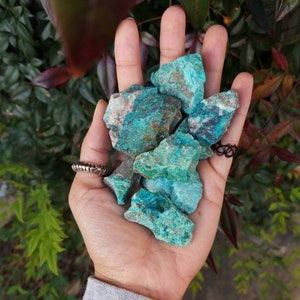 A palm full of rough chunks of vibrant blue stones.