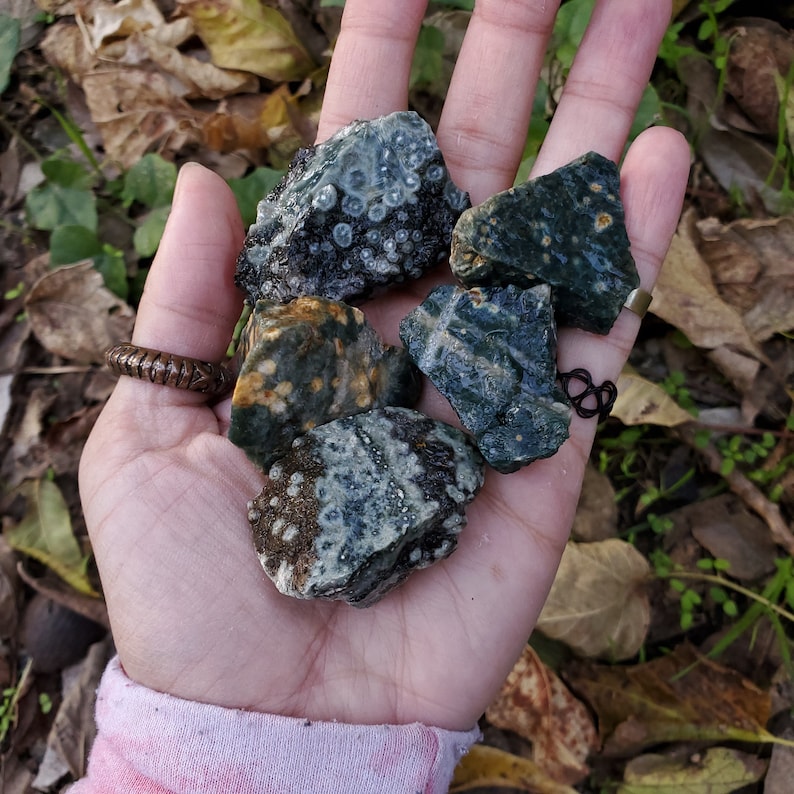 A palm full of deep green stones with orbicular patterns.