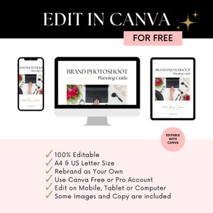 May include: A pink and gold graphic with the text "Edit in Canva for Free" and a checklist of features for a brand photoshoot planning guide. The guide is available in A4 and US Letter sizes and is 100% editable. The checklist includes features such as rebranding, using Canva free or pro, editing on mobile, tablet or computer, and including some images and copy.