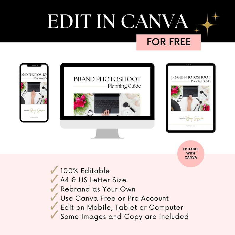 May include: A pink and gold graphic with the text "Edit in Canva for Free" and a checklist of features for a brand photoshoot planning guide. The guide is available in A4 and US Letter sizes and is 100% editable. The checklist includes features such as rebranding, using Canva free or pro, editing on mobile, tablet or computer, and including some images and copy.