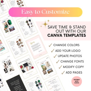 May include: A collection of Canva templates for branding photoshoots. The templates are easy to customize with different colors, fonts, and photos. The text on the image reads "Easy to Customize", "Save Time & Stand Out With Our Canva Templates", "Change Colors", "Add Your Logo", "Update Photos", "Change Fonts", "Modify Copy", "Add Pages", "Editable With Canva", "Brand Photoshoot Planning Guide", "Schedule Locations", and "You Do Not Have To Be Fearless Doing It Afraid Is Just As".