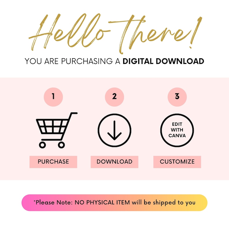 May include: A pink and white graphic with the text "Hello there!" in gold lettering. The text "YOU ARE PURCHASING A DIGITAL DOWNLOAD" is below the greeting. Three steps are outlined: 1. Purchase, 2. Download, and 3. Customize with Canva. The text "*Please Note: NO PHYSICAL ITEM will be shipped to you" is at the bottom of the graphic.