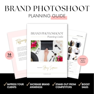 May include: A pink and white guide with the title "Brand Photoshoot Planning Guide" and a photo of a hand typing on a laptop. The guide is 16 pages and is prepared for Tiffany Soprane. The guide includes tips on how to impress clients, increase brand awareness, stand out from competitors, and boost sales.
