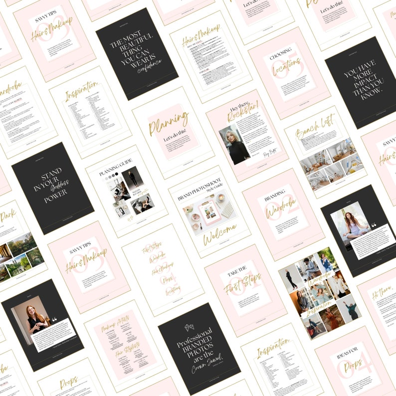 May include: A collection of pink and black printable guides with gold accents. The guides include titles such as "Planning", "Hair & Makeup", "Branding Wardrobe", "Inspiration", "Professional Branded Photos", "Take the First Steps", "Ideas for Props", "Choosing Locations", "Stand in Your Goddess Power", "Brand Personality Style Guide", "Welcome", "Let's Do This", "They're Rockstar!" and "You Have More Impact Than You Know".