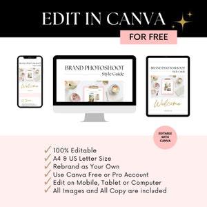 May include: Editable brand photoshoot style guide template in pink and gold with the text "Edit in Canva for Free". The template is shown on a computer screen, a tablet, and a phone. The template includes a welcome page and a style guide with images and text.