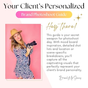 May include: A woman wearing a hat and floral dress holds a camera in front of a pink background. The text "Hey there!" is in a gold font. The text "This guide is your secret weapon for photoshoot day. With mood board inspiration, detailed shot lists and location or scene-specific breakdowns, you'll capture all the captivating visuals that perfectly represent your client's brand personality." is in black font. The text "Brand Me Savvy" is in a gold font.