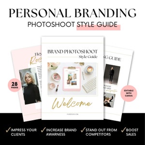 May include: A pink and white guide with the text "Personal Branding Photoshoot Style Guide" in black text. The guide has a welcome message and includes tips for increasing brand awareness, impressing clients, standing out from competitors, and boosting sales.