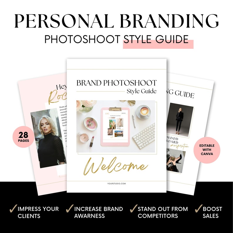 May include: A pink and white guide with the text "Personal Branding Photoshoot Style Guide" in black text. The guide has a welcome message and includes tips for increasing brand awareness, impressing clients, standing out from competitors, and boosting sales.