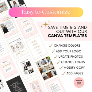 May include: A collage of pink and gold Canva templates for branding photoshoots. The text "Easy to Customize" and "Save Time & Stand Out With Our Canva Templates" is featured. The templates are editable with Canva and include options to change colors, add a logo, update photos, change fonts, modify copy, and add pages.