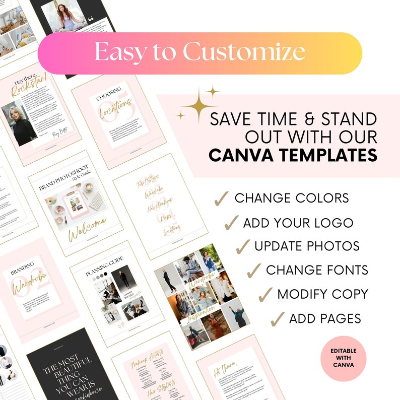 May include: A collage of pink and gold Canva templates for branding photoshoots. The text "Easy to Customize" and "Save Time & Stand Out With Our Canva Templates" is featured. The templates are editable with Canva and include options to change colors, add a logo, update photos, change fonts, modify copy, and add pages.