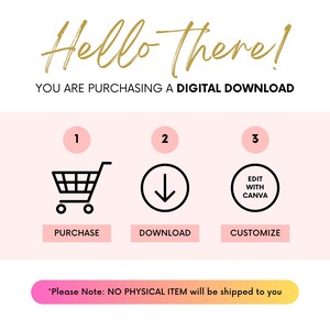 May include: A digital download graphic with three steps: purchase, download, and customize with Canva. The graphic features a shopping cart, a downward arrow, and a circle with the text "Edit with Canva". The text "*Please Note: NO PHYSICAL ITEM will be shipped to you" is at the bottom of the graphic.