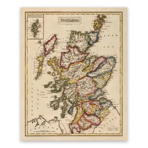 Carte ancienne de l'Écosse, décor cartographique du XIXe siècle, impression de style vintage, vers les années 1800