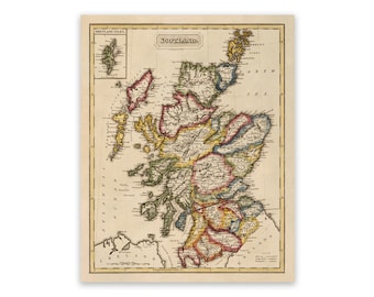 Old Map of Scotland, Vintage Style Print Circa 1800s