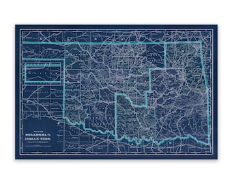 Old Map of Oklahoma, 20th Century Cartography Decor, Vintage Style Print Circa 1900s