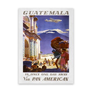 Póster de viaje en avión de Guatemala, impresión de reproducción de mediados de siglo de estilo vintage de la década de 1900, decoración de arte de pared retro