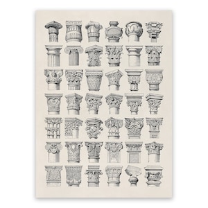 Ancient Architecture Styles Art, Greek Roman and Egyptian Columns, Premium Vintage Style Reproduction Print, AM141