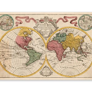 Antique 18th Century World Map, Globe Shown in Hemispheres, Vintage Style Print Circa 1700s