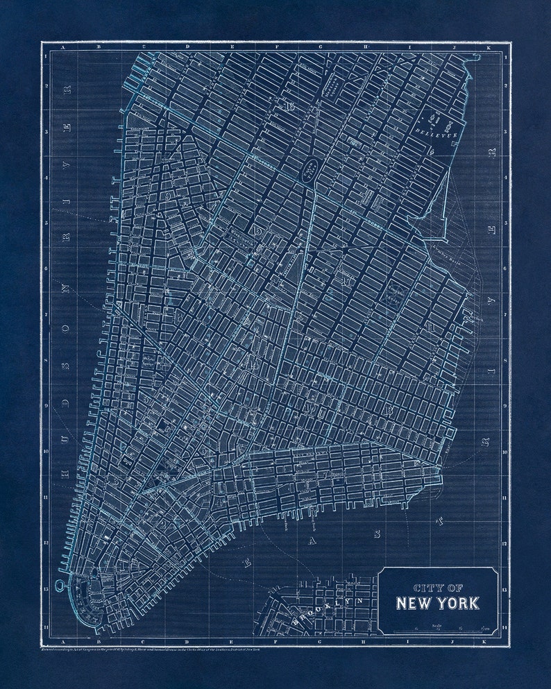 Old New York City Map, Vintage Style NYC Print Circa 1800s Midnight Blue