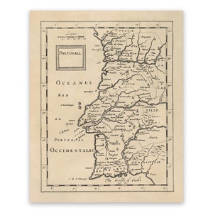 Carte ancienne du Portugal, décor cartographique du XVIIe siècle, impression de style vintage vers 1600