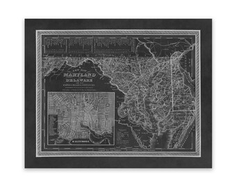 Old Map of Maryland and Delaware, Vintage Style Print Circa 1800s