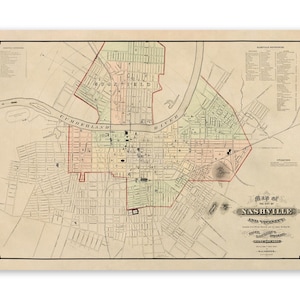 Old Map of Nashville Tennessee, 19th Century Cartography Decor, Vintage Style Print Circa 1800s