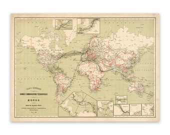 Telegraph Lines World Map, Vintage Style Print Circa 1800s