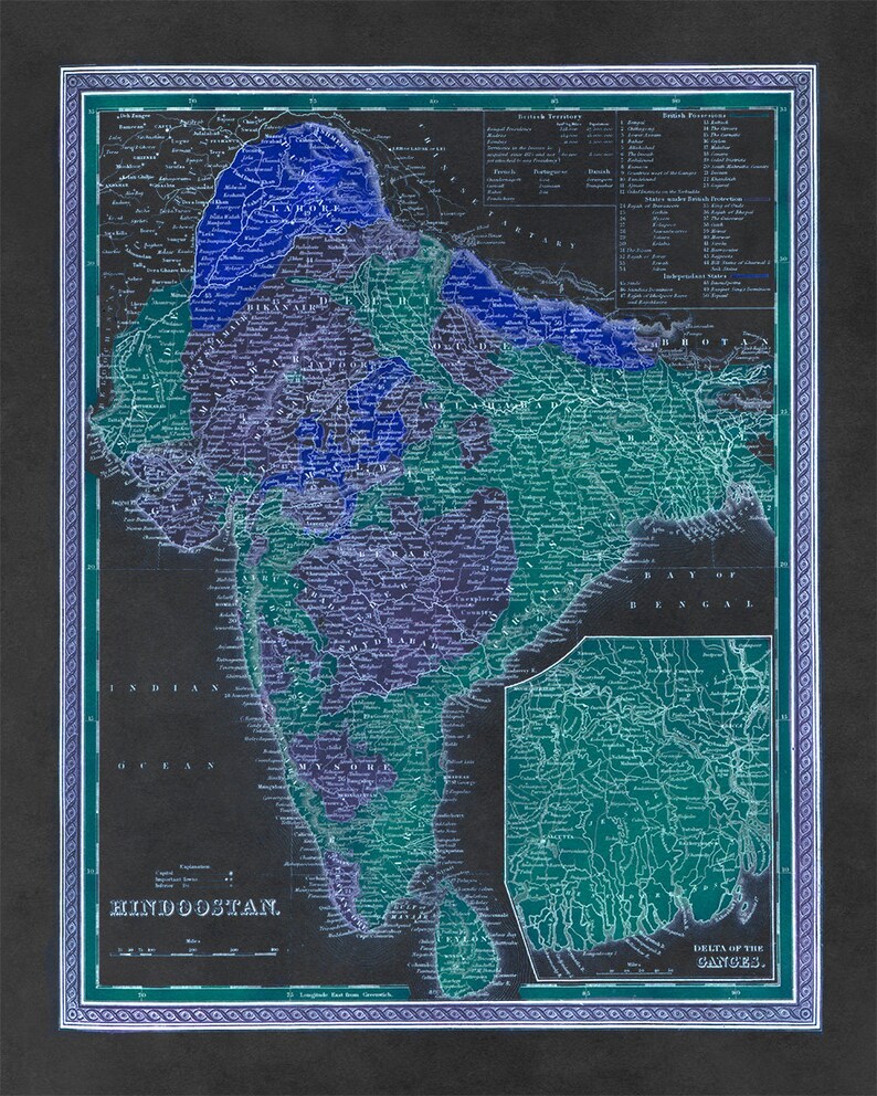 1800s Hindustan Vintage Style Print Old India Map Poster 3 Color Options