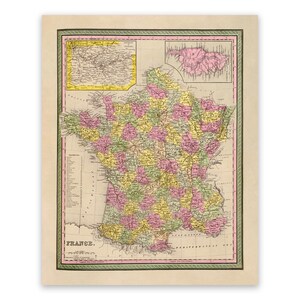 Ancienne carte de France, décoration d'intérieur du XIXe siècle, impression de style vintage vers les années 1800