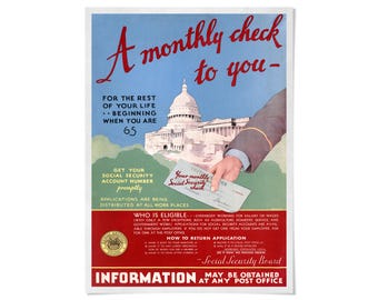 Social Security Print, 1935 Retirement Benefits Poster, Vintage American History Wall Art