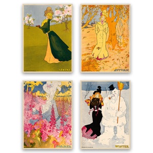 Victorian Four Seasons Illustration, Set Of 4 Prints, Summer Spring Winter And Autumn Seasonal Art, Premium Vintage Style Reproduction Print
