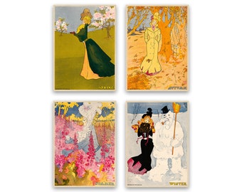 Victorian Four Seasons Illustration, Set Of 4 Prints, Summer Spring Winter And Autumn Seasonal Art, Premium Vintage Style Reproduction Print