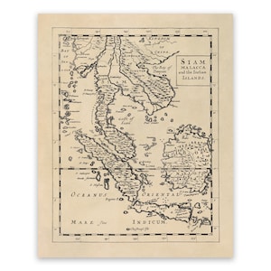 Old Map of Siam and Malaysia, Circa 1600s Vintage Style Print