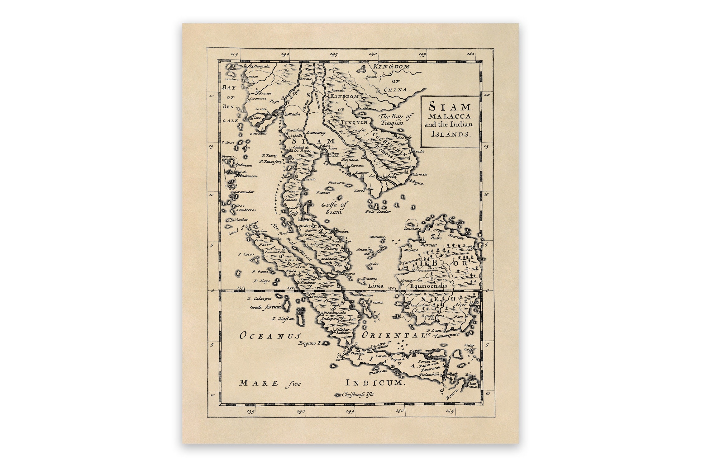 Old Map of Siam and Malaysia, Circa 1600s Vintage Style Print