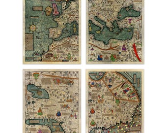 Ancient Catalan Atlas Medieval World Map Print Set, Vintage Style Print Circa 1300s