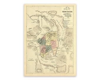 May include: An antique-style map of Jerusalem featuring a cream-coloured background with black ink lines and text. The central city area is divided into coloured sections in pink, yellow, green, and blue, with topographical markings and labels.