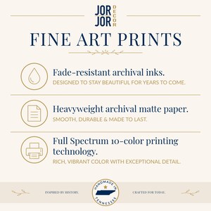 The image is an advertisement for fine art prints, highlighting their features such as fade-resistant archival inks, heavyweight archival matte paper, and full spectrum 10-color printing technology.