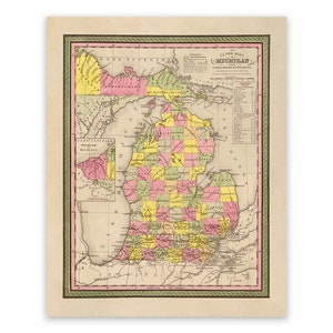 Old Map of Michigan, Vintage Style Print Circa 1800s