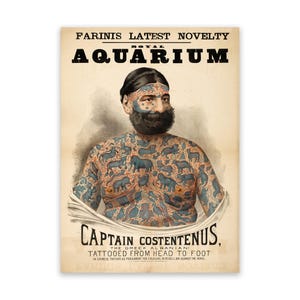 Captain Costentenus Tattoo Man Circus Sideshow Freak Show Poster, Premium Vintage Style Reproduction Print
