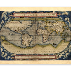 Ancienne carte du monde, décoration d'intérieur du XVIe siècle, impression de style vintage vers les années 1500