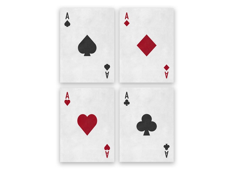 Aces Playing Cards Set of 4 Prints, Four of a Kind Poker Hand Artwork