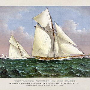 May include: A vintage illustration of a sailboat race, depicting the Mayflower crossing the bow of Galatea on the fourth tack in the first race for the America's Cup. The image is titled "Mayflower Saluted by the Fleet" and includes the date "Sept 3rd 1895".