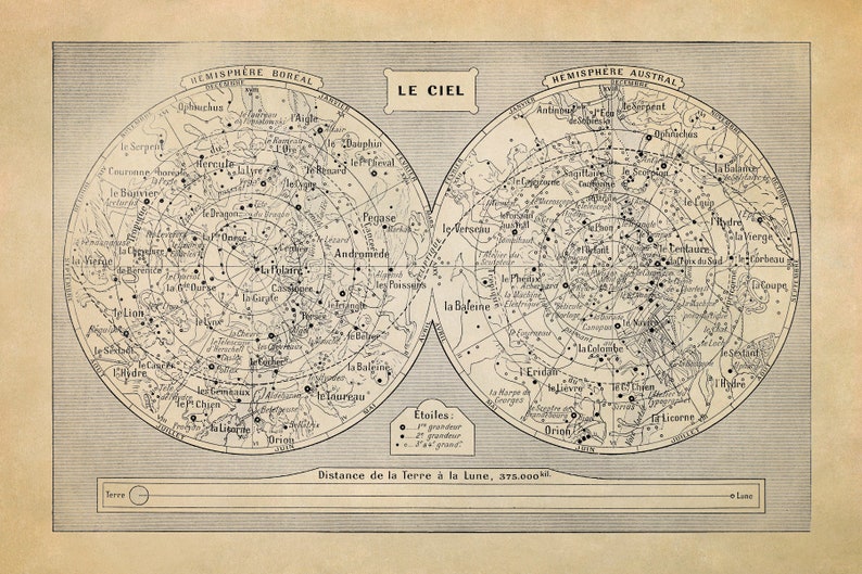 Zodiac Constellations Poster, Old Star Chart Astronomy Print, AM04 Vintage