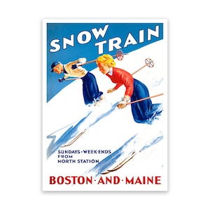 Boston and Maine Snow Train Travel Poster, Vintage Style 1900s Rustic Outdoors Sports Reproduction Print, Retro Wall Art Decor