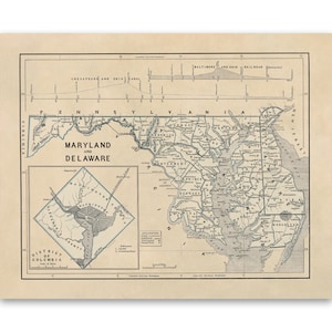 Ancienne carte du Maryland Delaware et du district de Columbia, impression de Style vintage vers les années 1800