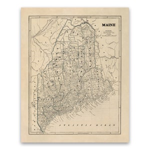 Old Map of Maine, 19th Century Cartography Decor, Vintage Style Print Circa 1800s