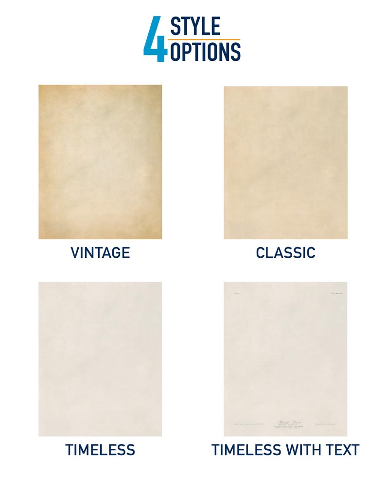 May include: Four different paper texture options for a printable design. The options are Vintage, Classic, Timeless, and Timeless with Text.