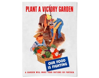 Victory Garden Print, 1943 WWII Food Rationing Poster, Vintage Wartime Gardening Art