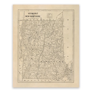 Old Map of Vermont And New Hampshire, 19th Century Cartography Decor, Vintage Style Print Circa 1800s