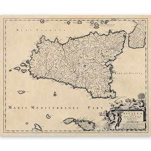 Antique Map of Sicily Italy, 17th Century Italian Cartography Decor, Vintage Style Print Circa 1600s